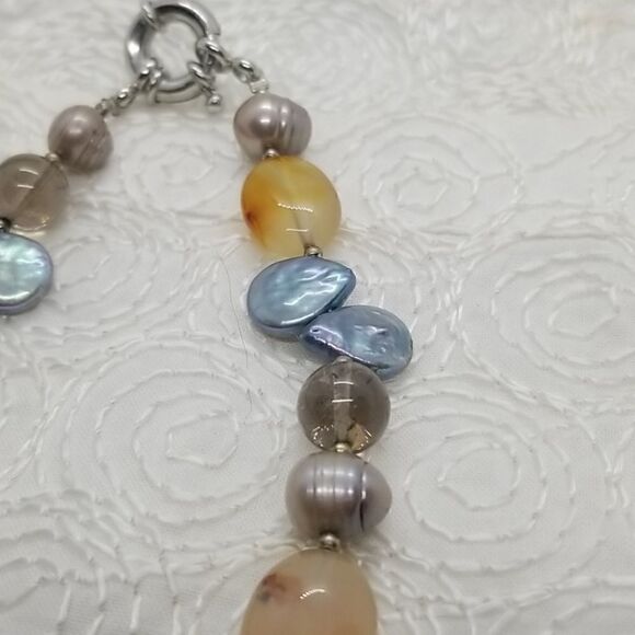 Stone Necklace Multiple Grey Yellow Blue Stones Necklace - Picture 7 of 12